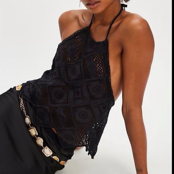 Free People Hankie Halter Tank Top black cotton eyelet boho sz medium new nwt - Picture 2 of 3
